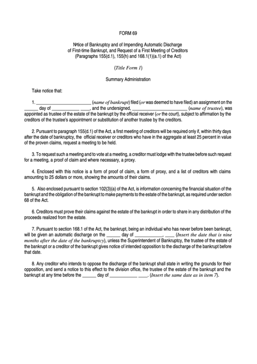 Form 69 - Notice Of Bankruptcy And Of Impending Automatic Discharge Of First-Time Bankrupt, And Request Of A First Meeting Of Creditors Printable pdf