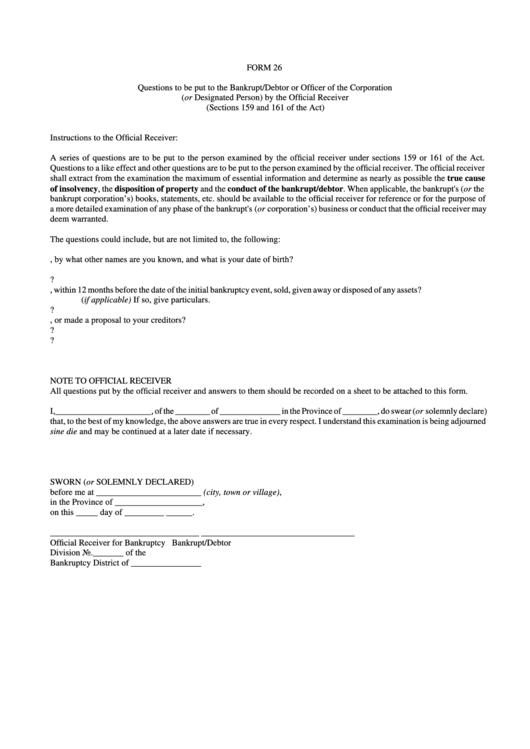 Form 26 - Questions To Be Put To The Bankrupt/debtor Or Officer Of The Corporation (Or Designated Person) By The Official Receiver Printable pdf