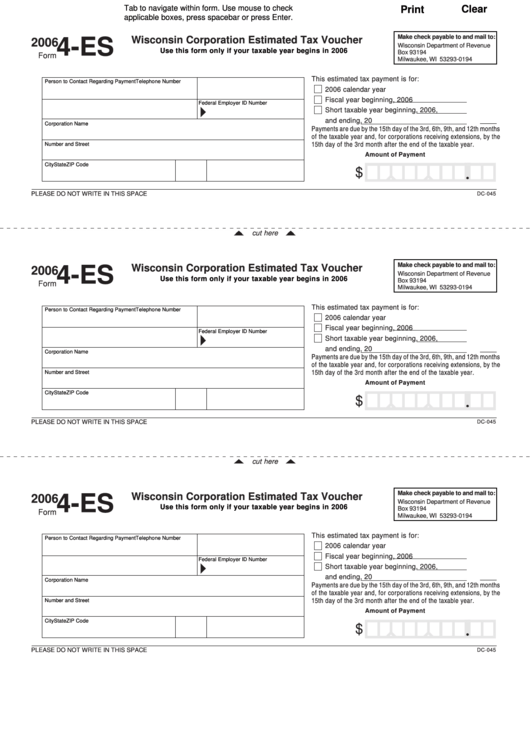 Fillable Form 4-Es - Wisconsin Corporation Estimated Tax Voucher Printable pdf
