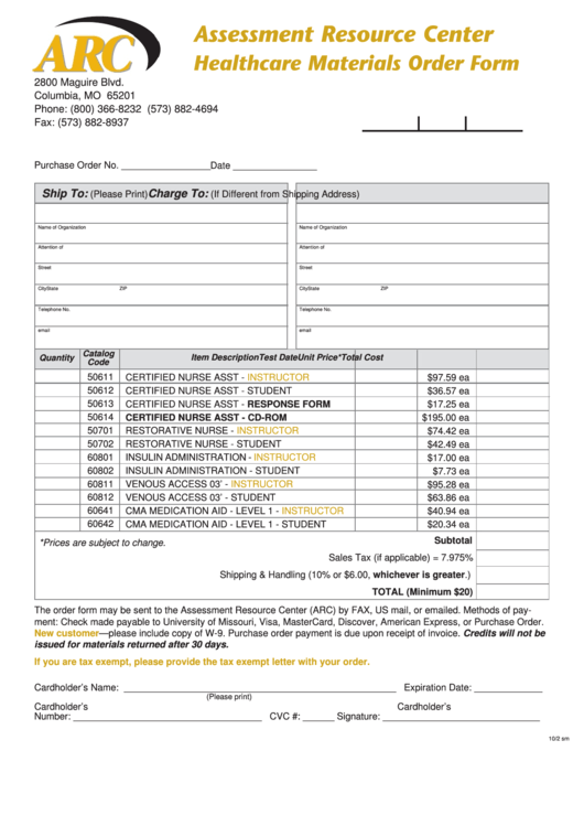 Healthcare Materials Order Form Printable pdf