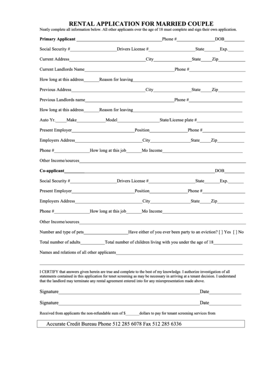 Rental Application For Married Couple Form Printable pdf