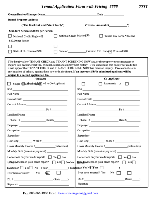 Fillable Tenant Application Form With Pricing Printable pdf