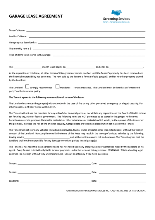 Garage Lease Agreement Form Printable pdf