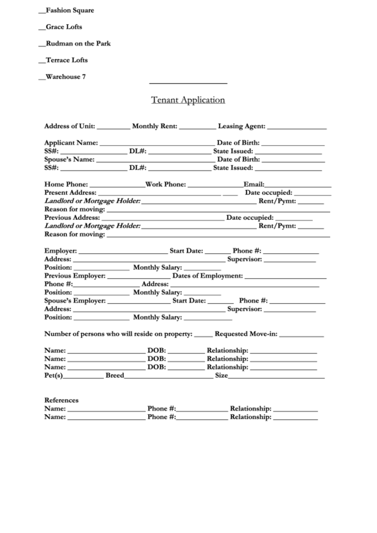 Tenant Application Form Printable pdf