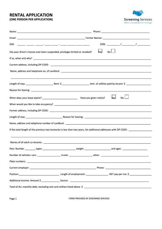 Rental Application (One Person Per Application) Form Printable pdf