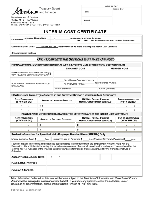 Interim Cost Certificate Form - Alberta Treasury Board And Finance Printable pdf