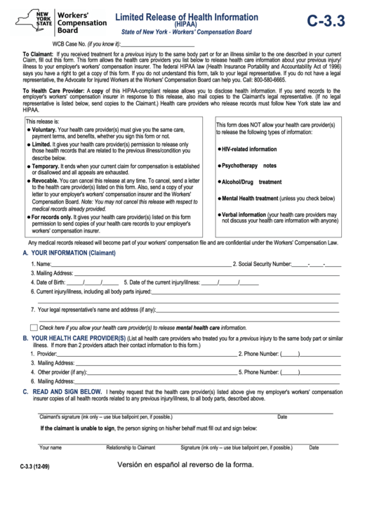 Fillable Form C-3.3 - Limited Release Of Health Information Printable pdf