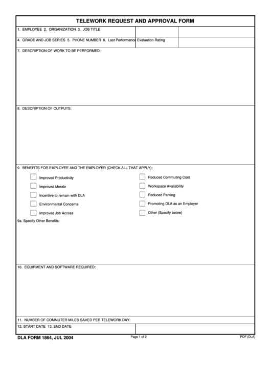 Fillable Dla Form 1864 - Telework Request And Approval Form Printable pdf