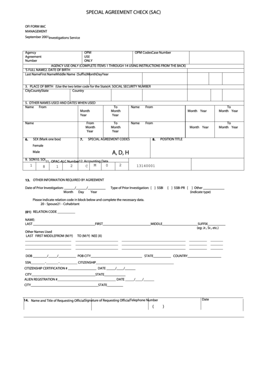 Ofi Form 86c - Special Agreement Check (sac) - U.s. Office Of Personnel