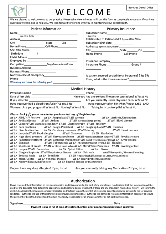 Patient Information Form For Dental Service - Primary Insurance Printable pdf