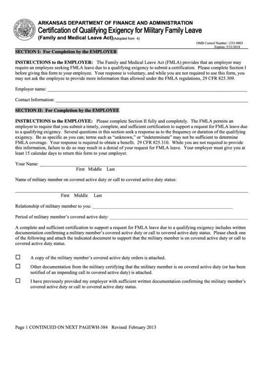 Fillable Certification Of Qualifying Exigency For Military Family Leave (Family And Medical Leave Act) - Adopted From U.s. Department Of Labor Form Wh-384 Printable pdf