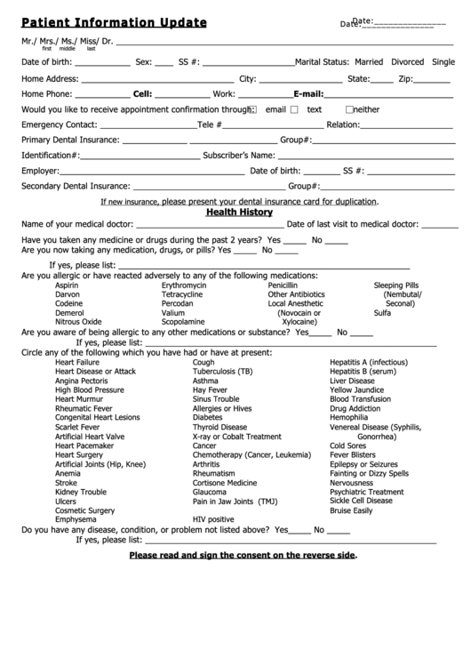 Patient Update Form - Health History - Consent Printable pdf