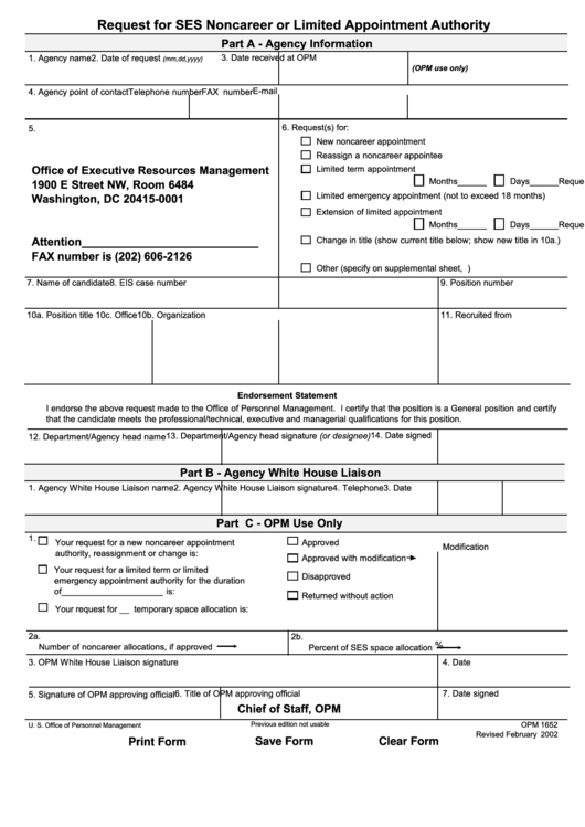 Opm Form 1652 - Request For Ses Noncareer Or Limited Appointment Authority