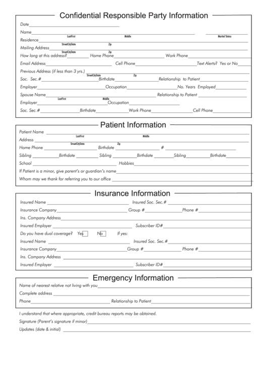Patient/insurance/health/information Form Printable pdf