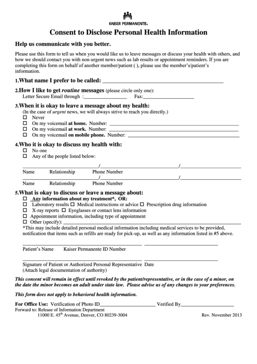 Consent To Disclose Personal Health Information Form Printable pdf