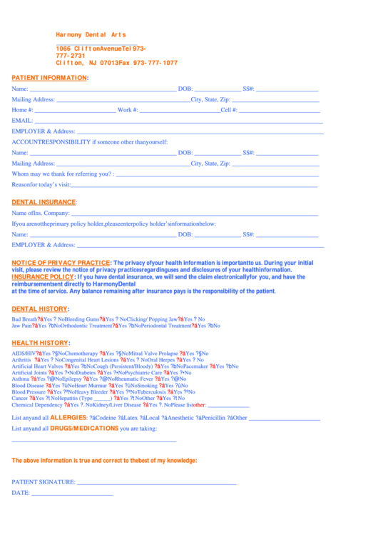 Patient Information/registration Form Printable pdf
