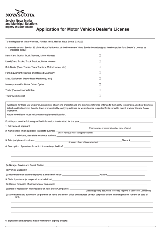 Application For Motor Vehicle Dealer's License Form - Nova Scotia