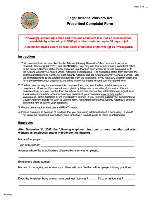 The Legal Arizona Workers Act Complaint Form Printable pdf