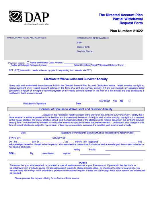 The Directed Account Plan Partial Withdrawal Request Form Printable pdf