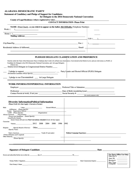 Delegate Qualifying Form - Alabama Democratic Party - 2016 Printable pdf