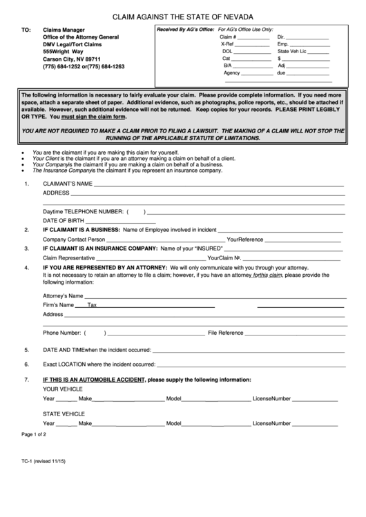 Fillable Form Tc-1 - Claim Against The State Of Nevada (2015) Printable pdf