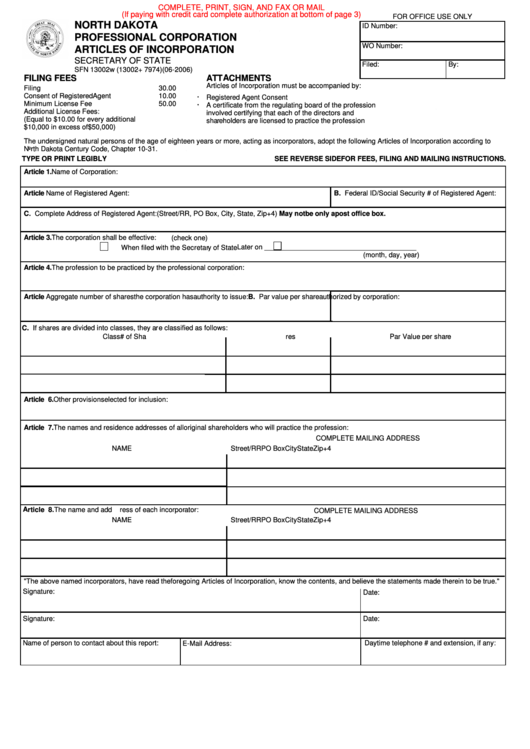 Fillable Form Sfn 13002w - North Dakota Professional Corporation Articles Of Incorporation Printable pdf