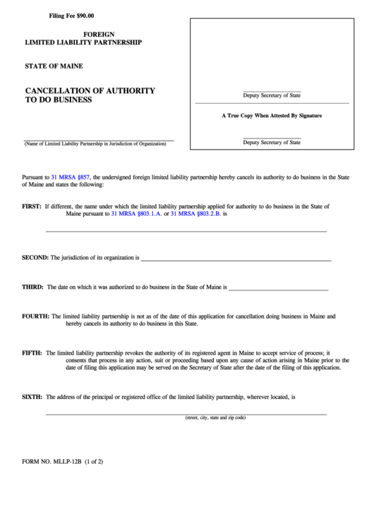 Fillable Form Mllp-12b - Cancellation Of Authority To Do Business Printable pdf