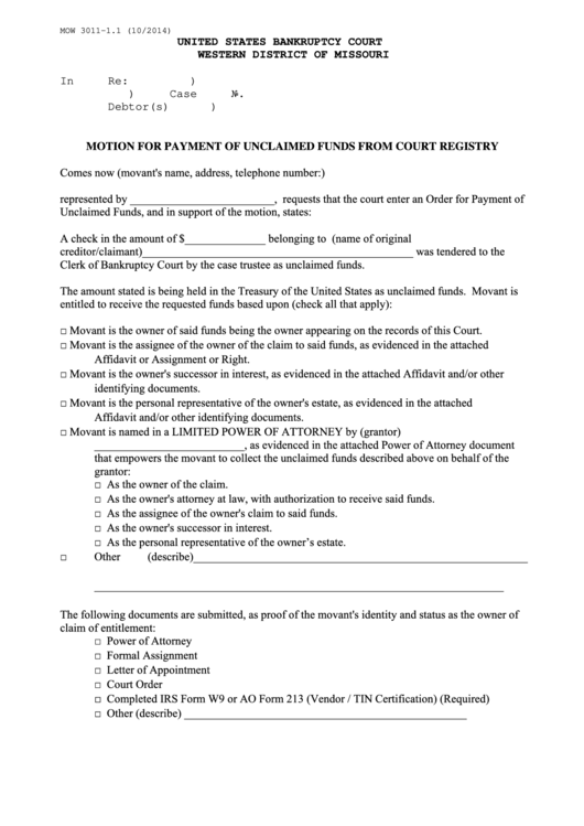 Form Mow 3011-1.1 - Motion For Payment Of Unclaimed Funds From Court Registry