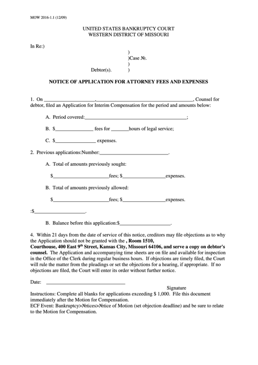 Form Mow 2016-1.1 - Notice Of Application For Attorney Fees And Expenses Printable pdf