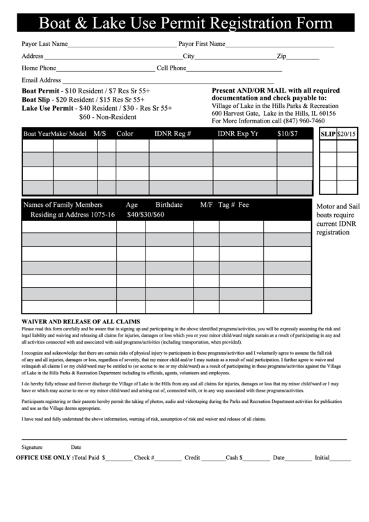 Boat & Lake Use Permit Registration Form - Village Of Lake In The Hills Parks & Recreation Department Printable pdf