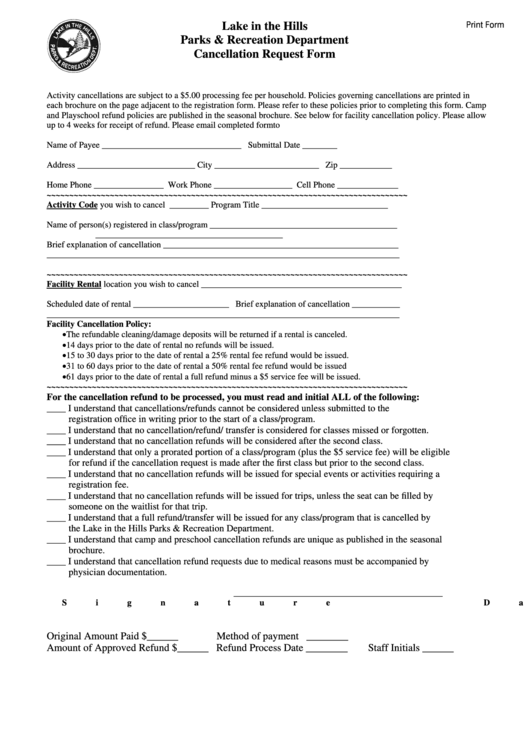 Fillable Cancellation Request Form - Lake In The Hills Parks & Recreation Department Printable pdf