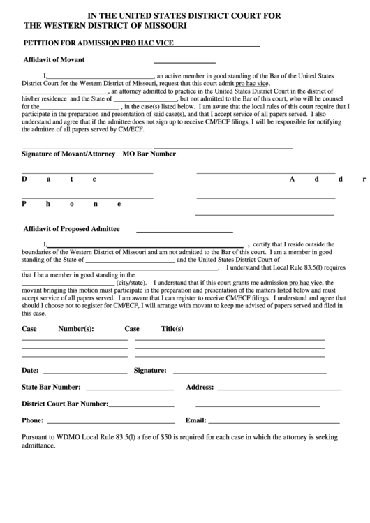Fillable Affidavit Form Of Movant/affidavit Of Proposed Admittee Printable pdf