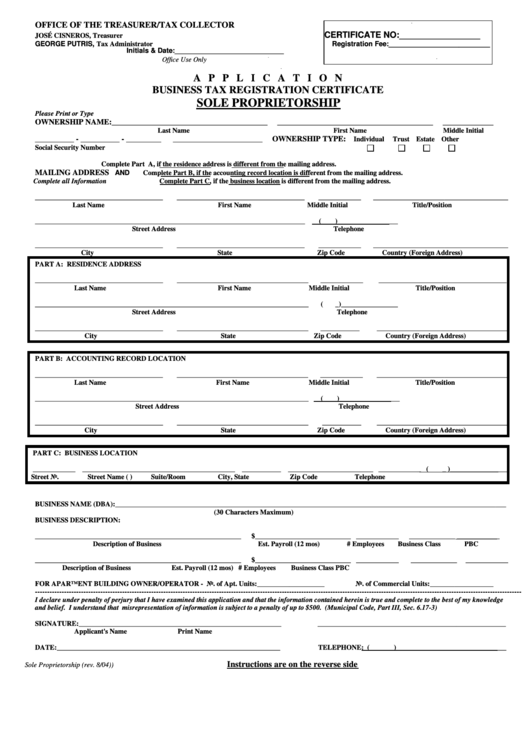 Application For Business Tax Registration Certificate Form - Sole Proprietorship - Office Of The Treasurer/tax Collector Printable pdf