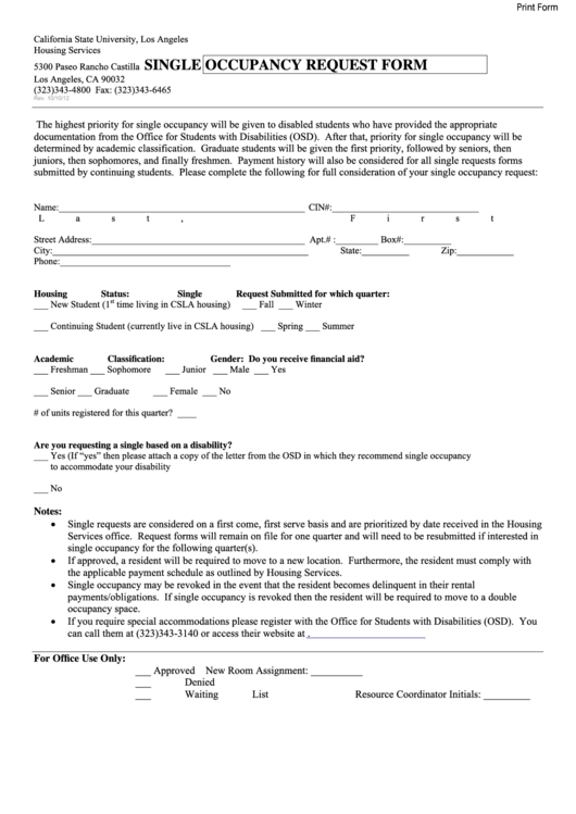 Fillable Single Occupancy Request Form Printable pdf
