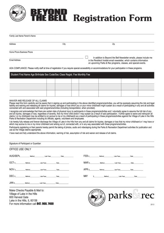 Beyond The Bell Registration Form - Village Of Lake In The Hills Parks & Recreation Department Printable pdf