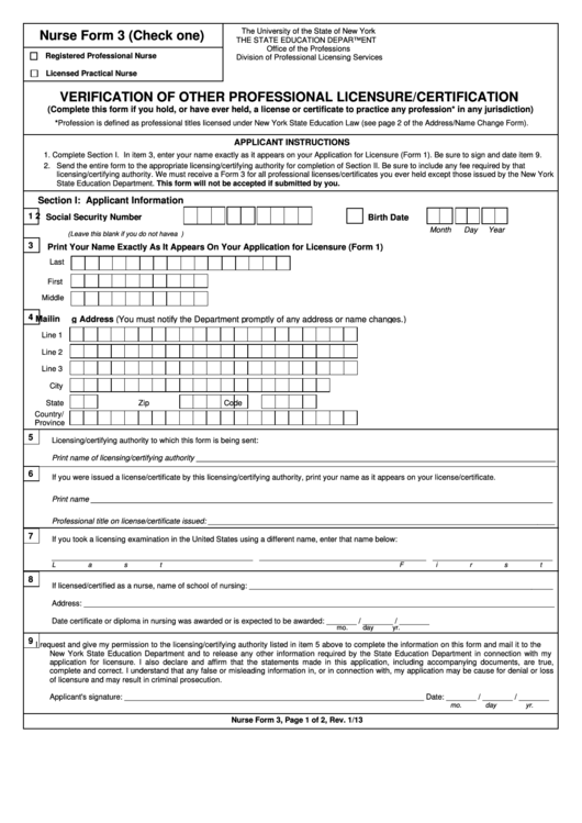 Nurse Form 3 - Verification Of Other Professional Licensure/certification Printable pdf