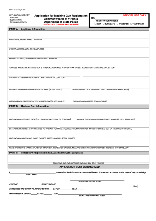 Fillable Form Sp-115 - Machine Gun Registration Application - Department Of State Police Printable pdf