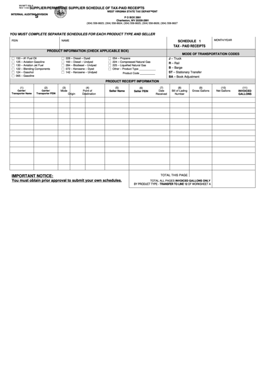 Form Wv/mft-504 A - Supplier/permissive Supplier Schedule Of Tax-Paid Receipts - 2004 Printable pdf
