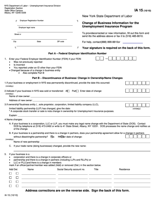 Fillable Form Ia 15 - Change Of Business Information For The Unemployment Insurance Program Printable pdf