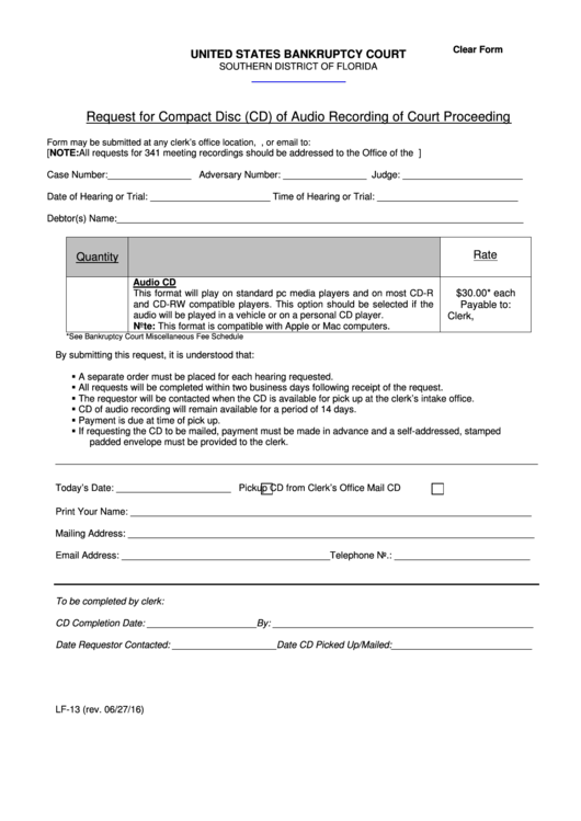 Form Lf-13 - Request For Compact Disc (cd) Of Audio Recording Of Court Proceeding