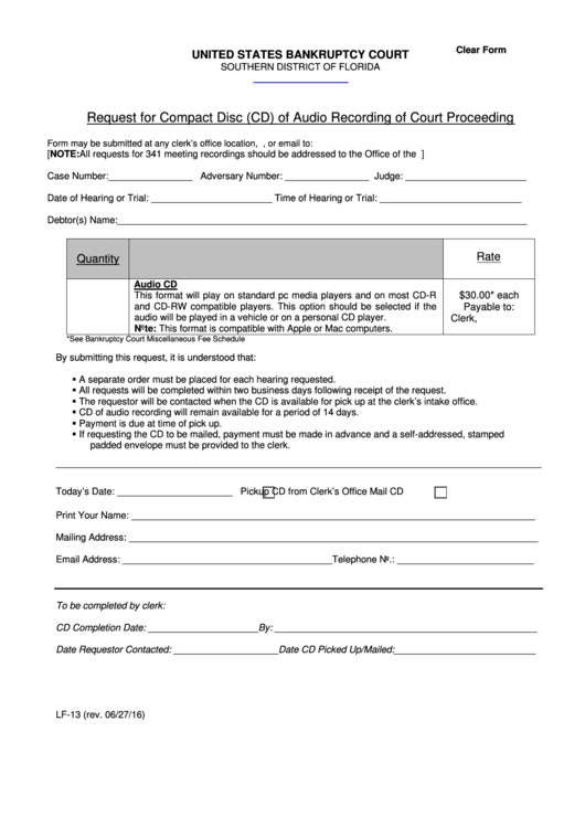 Fillable Form Lf-13 - Request For Compact Disc (Cd) Of Audio Recording Of Court Proceeding Printable pdf