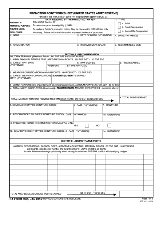 Fillable Form 3355 - Promotion Point Worksheet Printable pdf