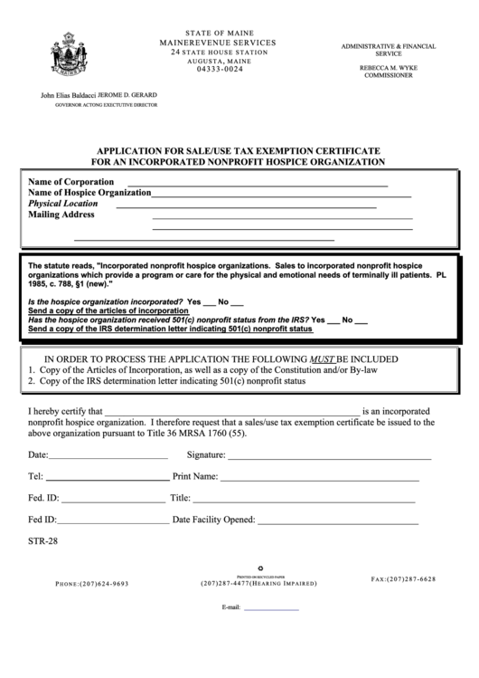 Form Str-28 - Application For Sale/use Tax Exemption Certificate For An Incorporated Nonprofit Hospice Organization Printable pdf
