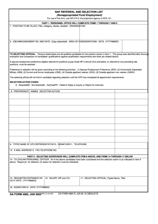 Fillable Form 4985 - Naf Referral And Selection List Printable pdf