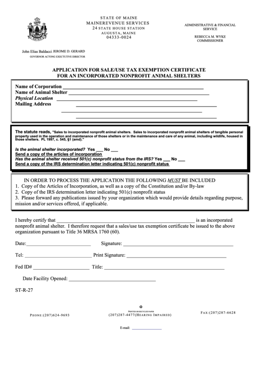 Form St-R-27 - Application For Sale/use Tax Exemption Certificate For An Incorporated Nonprofit Animal Shelters Printable pdf
