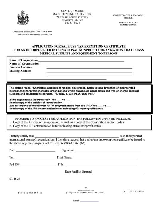 Form St-R-25 - Application For Sale/use Tax Exemption Certificate For An Incorporated International Nonprofit Organization That Loans Medical Supplies And Equipment To Persons Printable pdf