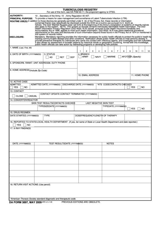 Fillable Form 3897 - Tuberculosis Registry Printable pdf