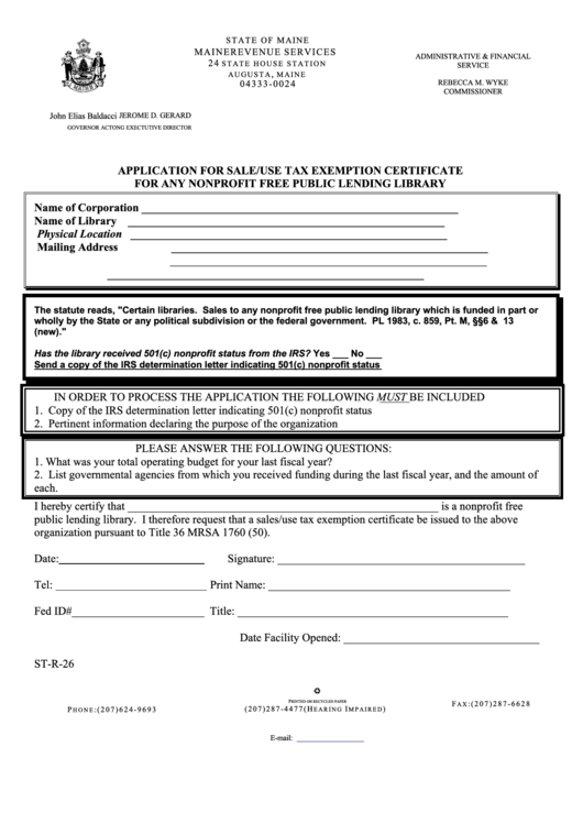 Form St-R-26 - Application For Sale/use Tax Exemption Certificate For Any Nonprofit Free Public Lending Library Printable pdf