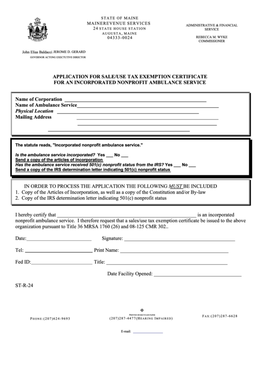 Form St-R-24 - Application For Sale/use Tax Exemption Certificate For An Incorporated Nonprofit Ambulance Service Printable pdf
