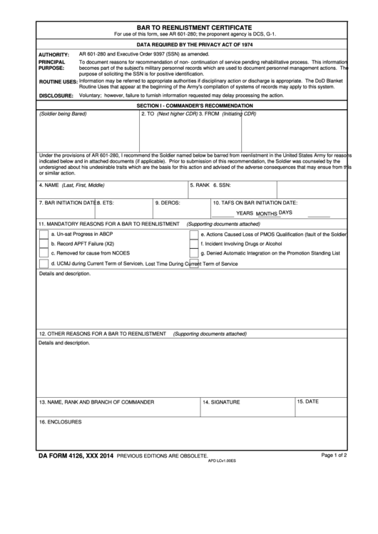 Fillable Form 4126 - Bar To Reenlistment Certificate Printable pdf
